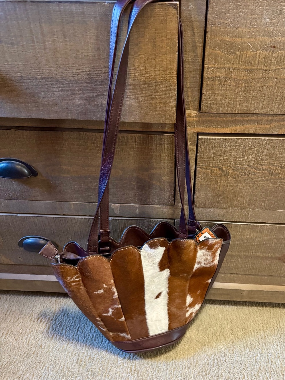 Brown & White Cowhide Leather Scallop Tulip Cupcake Shape Tote Bag